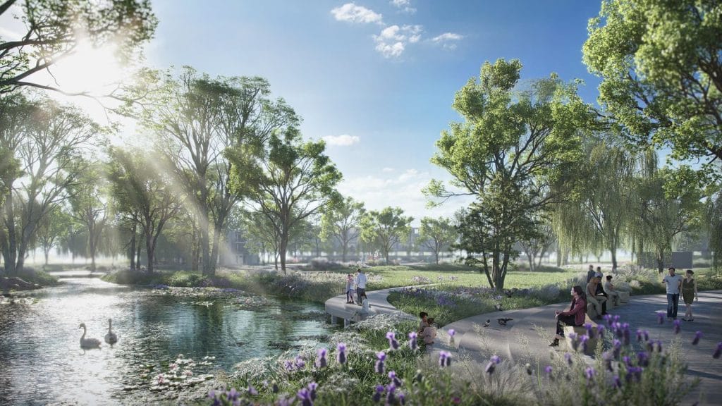 Công viên ven sông Hồng tại Alluvia City: Không gian thư giãn lý tưởng 4 Công viên ven sông Hồng: Dạo bước bên sông Hồng thơ mộng, tận hưởng không gian xanh mát ven sông.