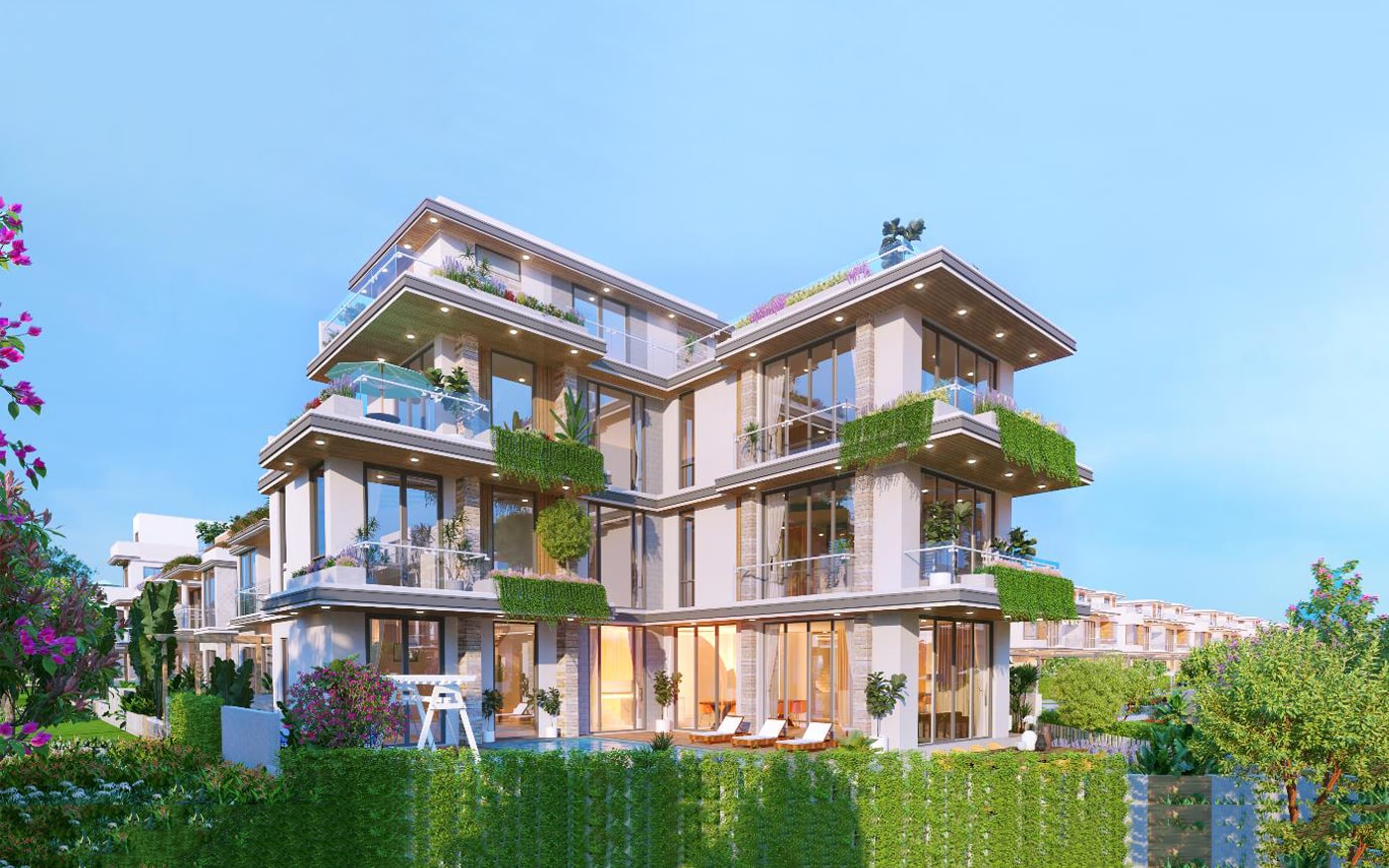 Alluvia City Văn Giang 13 Hình ảnh phối cảnh của biệt thự sinh thái tại Alluvia City, nổi bật với mái xanh, cửa sổ lớn và những khu vườn tươi tốt, tập trung vào thiết kế bền vững.