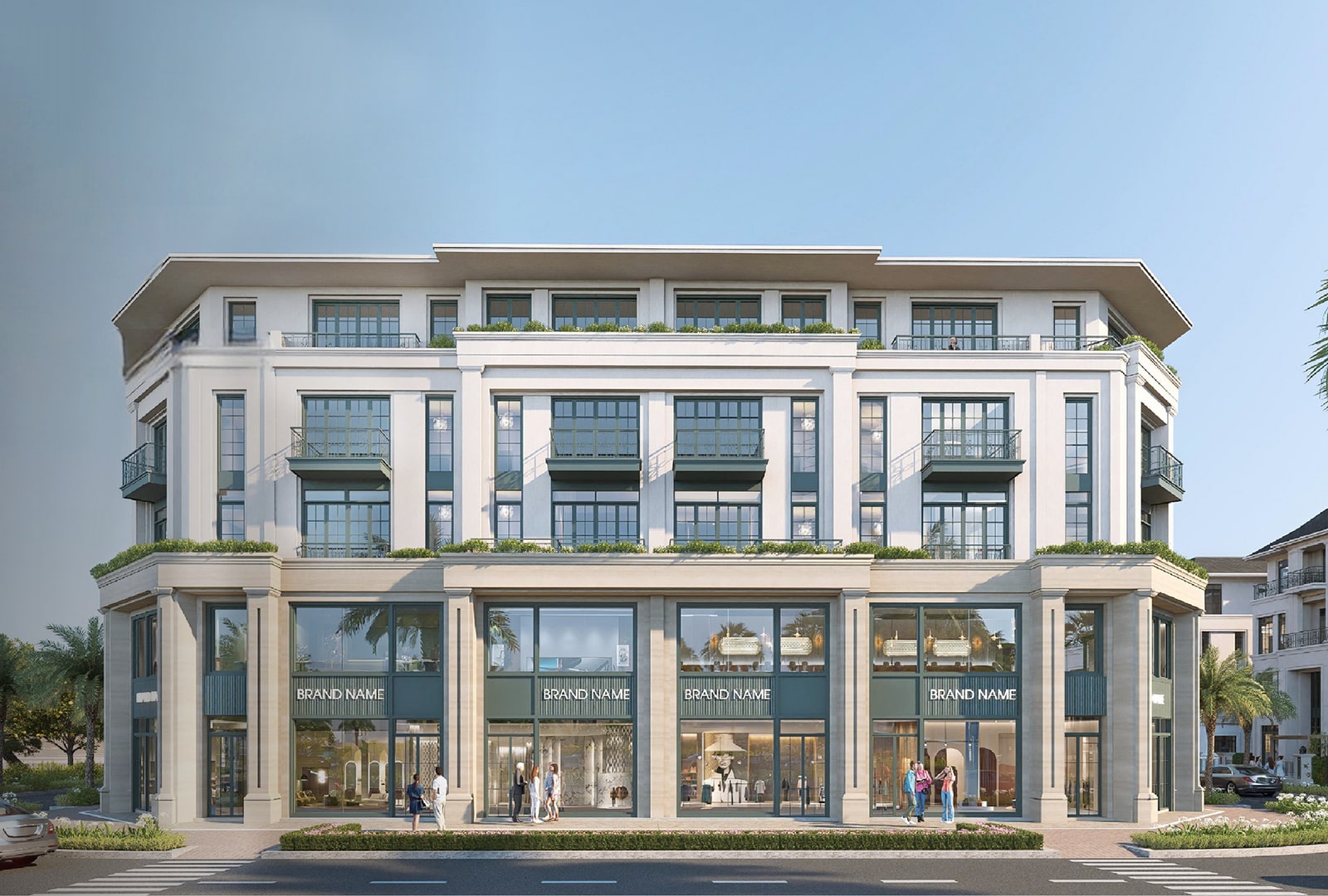 Tòa shophouse 4 tầng mặt tiền rộng, thiết kế hiện đại với tầng trệt là cửa hàng kính lớn, các tầng trên có ban công và mảng xanh, phù hợp kinh doanh kết hợp lưu trú.