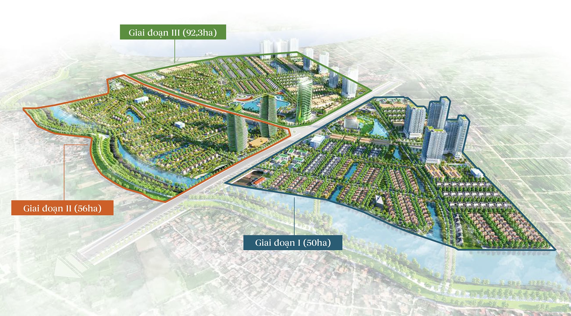 Bản đồ phân kỳ phát triển dự án Alluvia City – Văn Giang với 3 giai đoạn chính nằm 2 bên đường Vành Đai 3.5