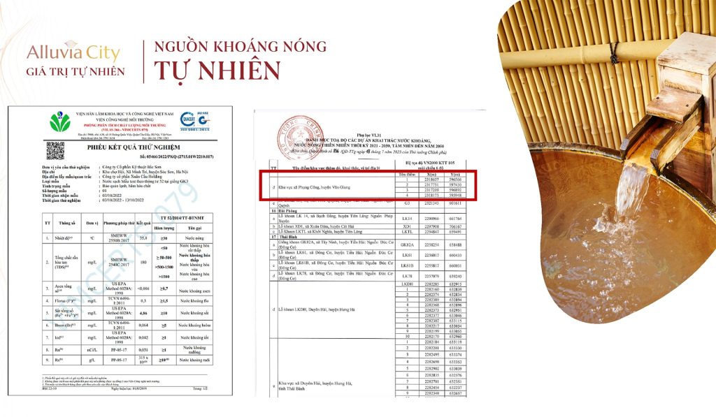 Nguồn khoáng nóng tự nhiên quý giá tại Alluvia City đã được kiểm nghiệm chất lượng bởi Viện Khoa học Lâm nghiệp Việt Nam, với hàm lượng khoáng đạt chuẩn và tiềm năng khai thác lớn