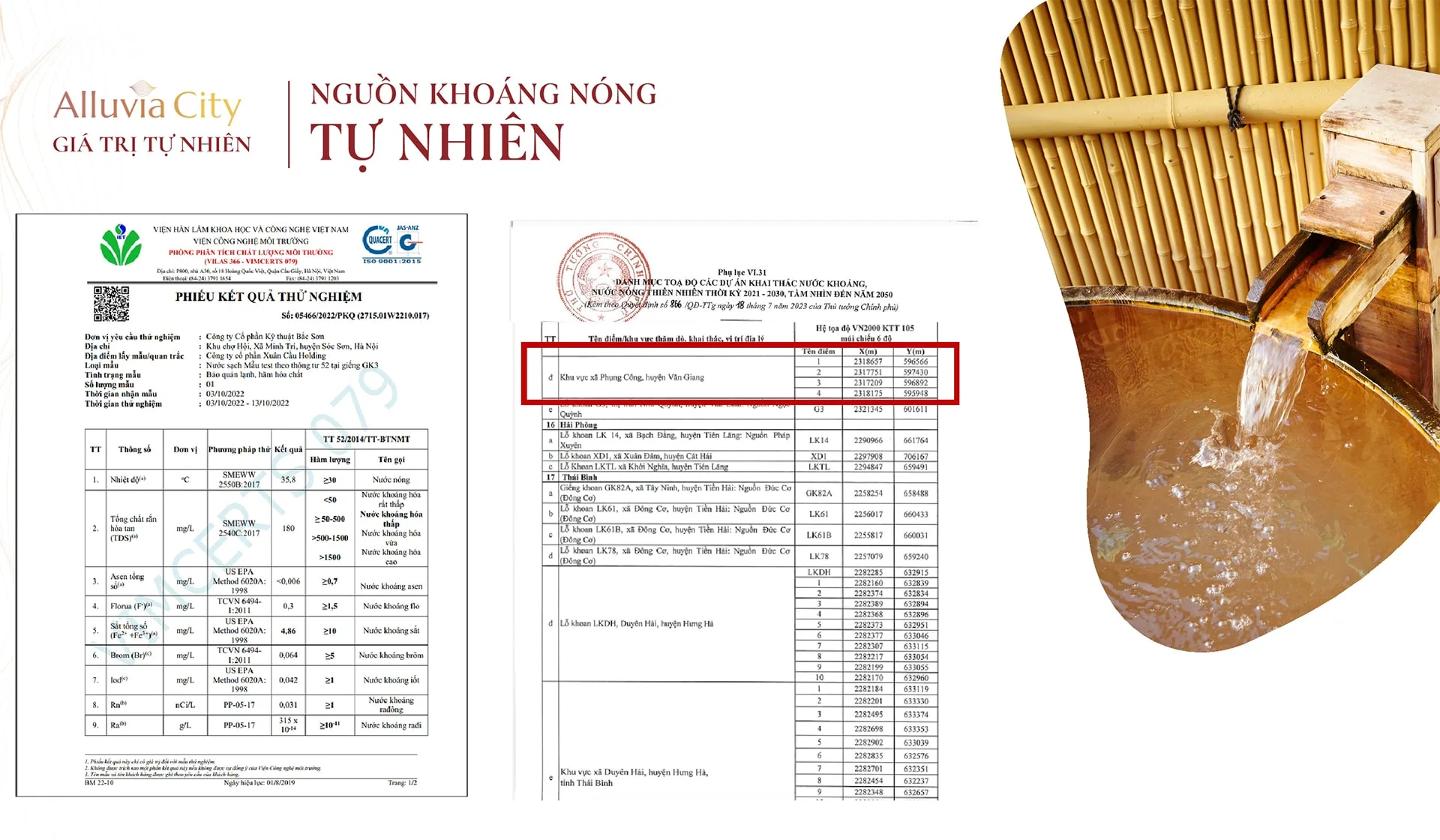 Nguồn khoáng nóng tự nhiên quý giá tại Alluvia City đã được kiểm nghiệm chất lượng, với hàm lượng khoáng đạt chuẩn và tiềm năng khai thác lớn Nguồn khoáng nóng tự nhiên quý giá tại Alluvia City đã được kiểm nghiệm chất lượng bởi Viện Khoa học Lâm nghiệp Việt Nam, với hàm lượng khoáng đạt chuẩn và tiềm năng khai thác lớn