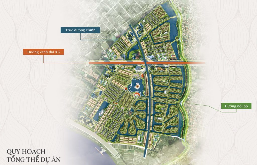 Tổng thể quy hoạch Alluvia City Văn Giang với trục đường chính, đường Vành Đai 3.5 và mạng lưới đường nội bộ kết nối xuyên suốt các phân khu biệt thự, tiện ích và hồ cảnh quan trung tâm