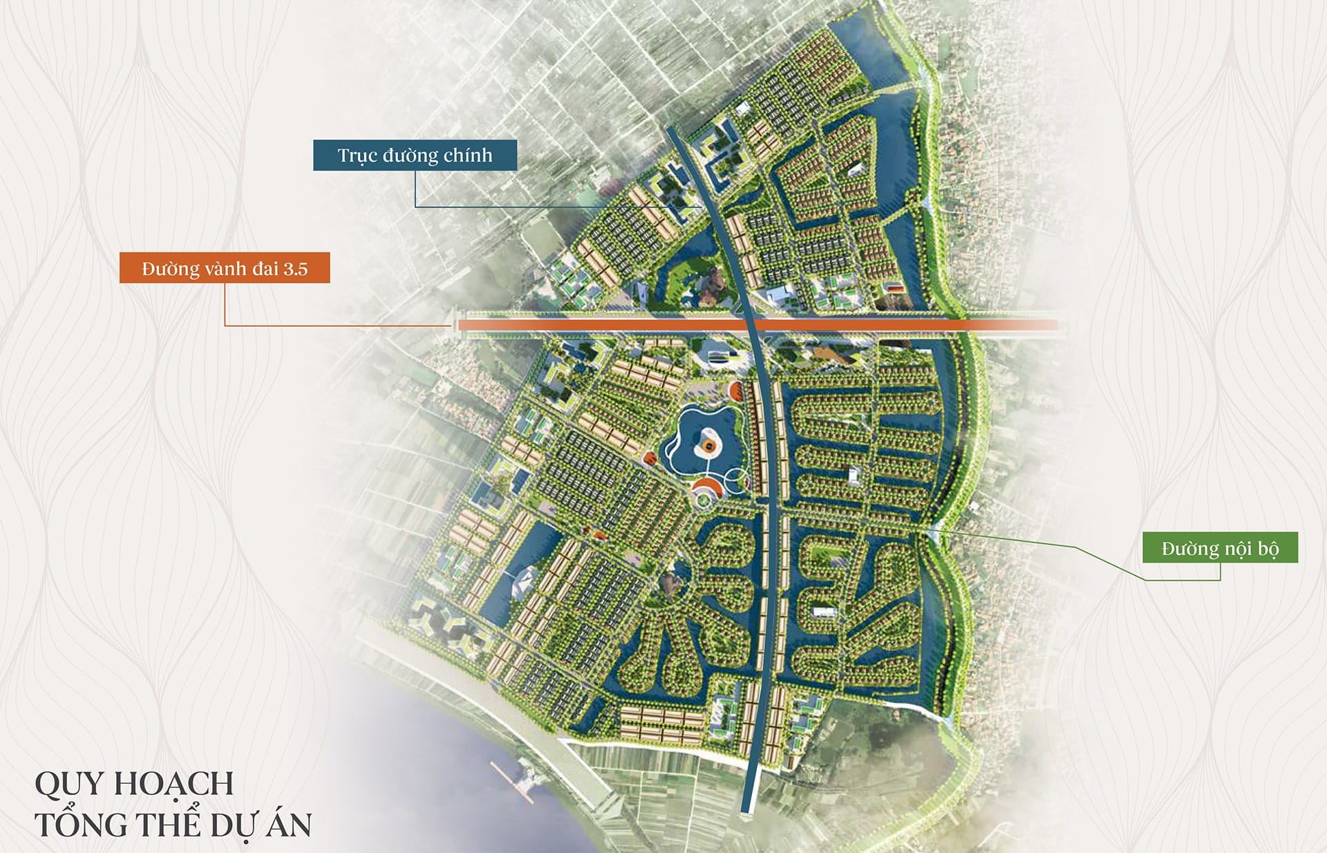 Tổng thể quy hoạch Alluvia City Văn Giang với trục đường chính, đường Vành Đai 3.5 và mạng lưới đường nội bộ kết nối xuyên suốt các phân khu biệt thự, tiện ích và hồ cảnh quan trung tâm