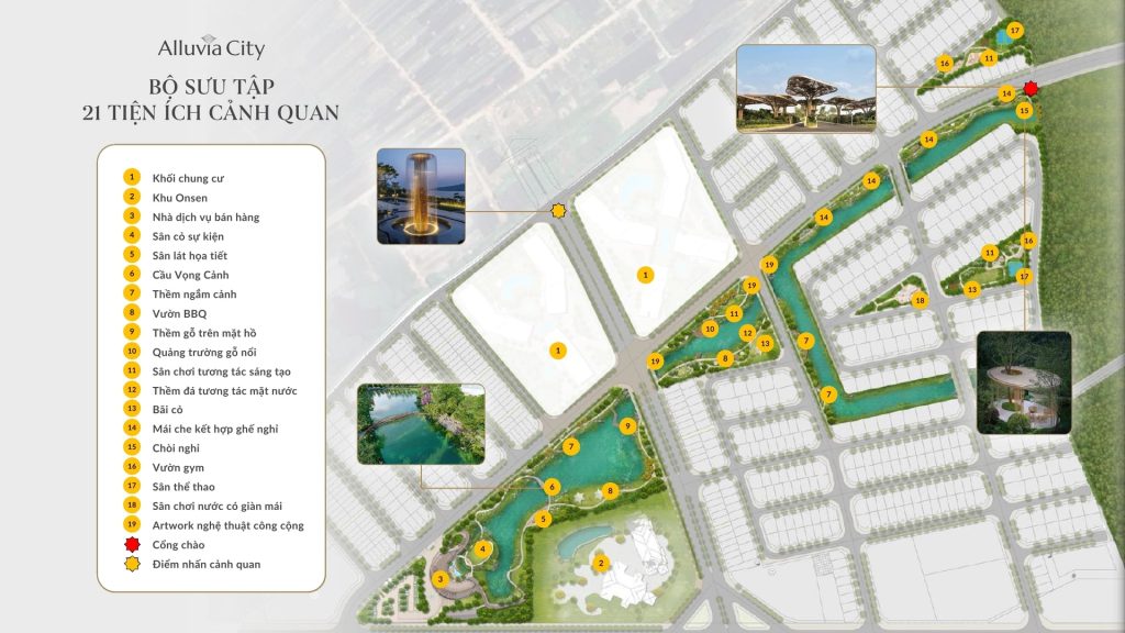 Bản đồ phân bố 21+ tiện ích cảnh quan tại phân khu 50ha – Giai đoạn 1 dự án Alluvia City