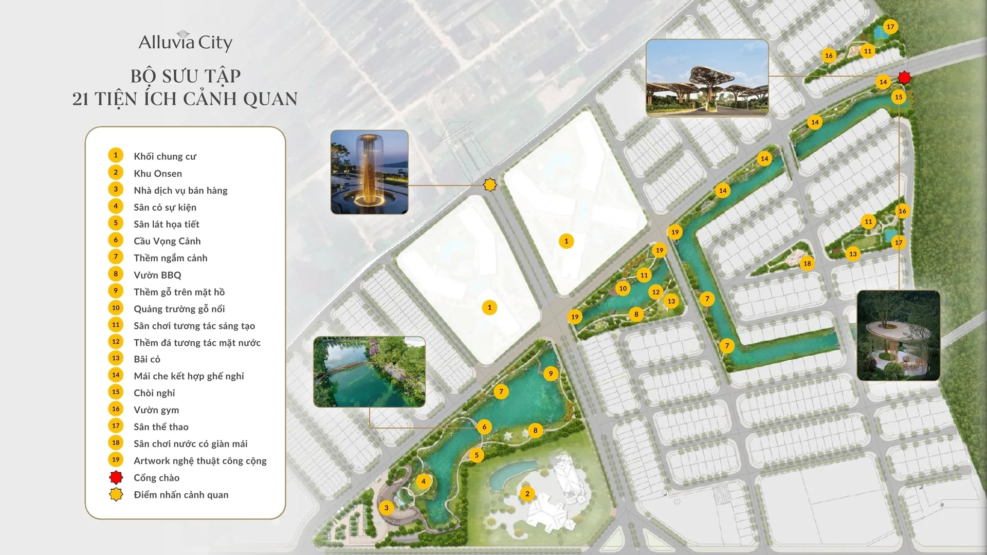 Bản đồ phân bố 21+ tiện ích cảnh quan tại phân khu 50ha – Giai đoạn 1 dự án Alluvia City Bản đồ phân bố 21+ tiện ích cảnh quan tại phân khu 50ha – Giai đoạn 1 dự án Alluvia City