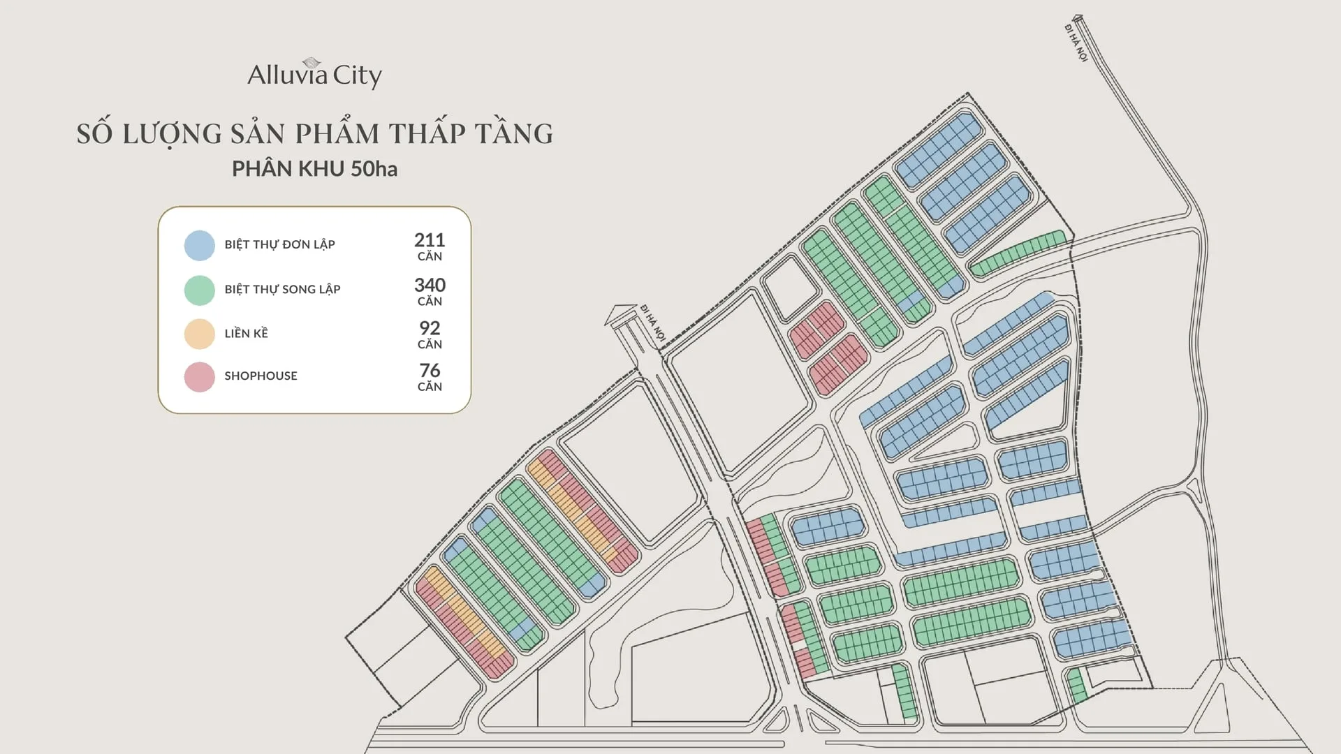 Mặt bằng phân khu 50ha (GĐ1) với sản phẩm thấp tầng gồm: 211 căn biệt thự đơn lập (màu xanh dương), 340 căn biệt thự song lập (màu xanh lá), 92 căn liền kề (màu cam) và 76 căn shophouse (màu đỏ) Mặt bằng phân khu 50ha (GĐ1) với sản phẩm thấp tầng gồm: 211 căn biệt thự đơn lập (màu xanh dương), 340 căn biệt thự song lập (màu xanh lá), 92 căn liền kề (màu cam) và 76 căn shophouse (màu đỏ)