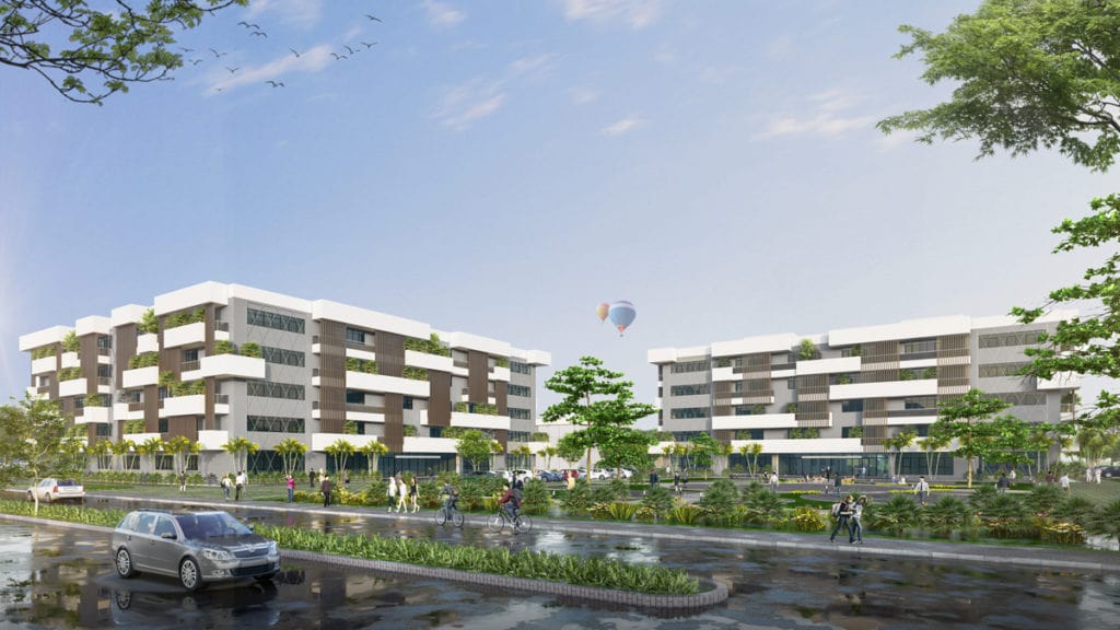 Hình ảnh phối cảnh trường học liên cấp tại khu đô thị Alluvia City với hai khối nhà hiện đại cao 4 tầng, bao quanh bởi cây xanh, đường nội khu rộng rãi và cảnh quan hài hòa.