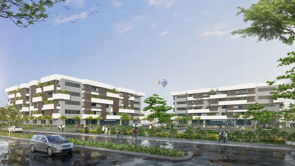 6 cụm trường học liên cấp thiết kế hiện đại, không gian xanh thân thiện giúp học sinh phát triển toàn diện Hình ảnh phối cảnh trường học liên cấp tại khu đô thị Alluvia City với hai khối nhà hiện đại cao 4 tầng, bao quanh bởi cây xanh, đường nội khu rộng rãi và cảnh quan hài hòa.