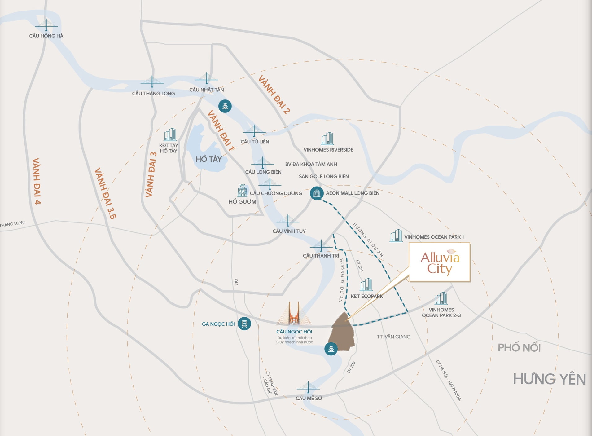 Vị trí dự án 1 Bản đồ hiển thị vị trí Alluvia City Văn Giang tại thị trấn Văn Giang, Hưng Yên, nằm dọc theo dòng sông Hồng. Khu vực được đánh dấu bằng màu xanh lá cây, cho thấy vị trí chiến lược gần các tuyến đường lớn như cao tốc Hà Nội – Hải Phòng và vành đai 3.5, cùng sự kết nối với các khu đô thị lân cận như Ecopark và Vinhomes Ocean Park