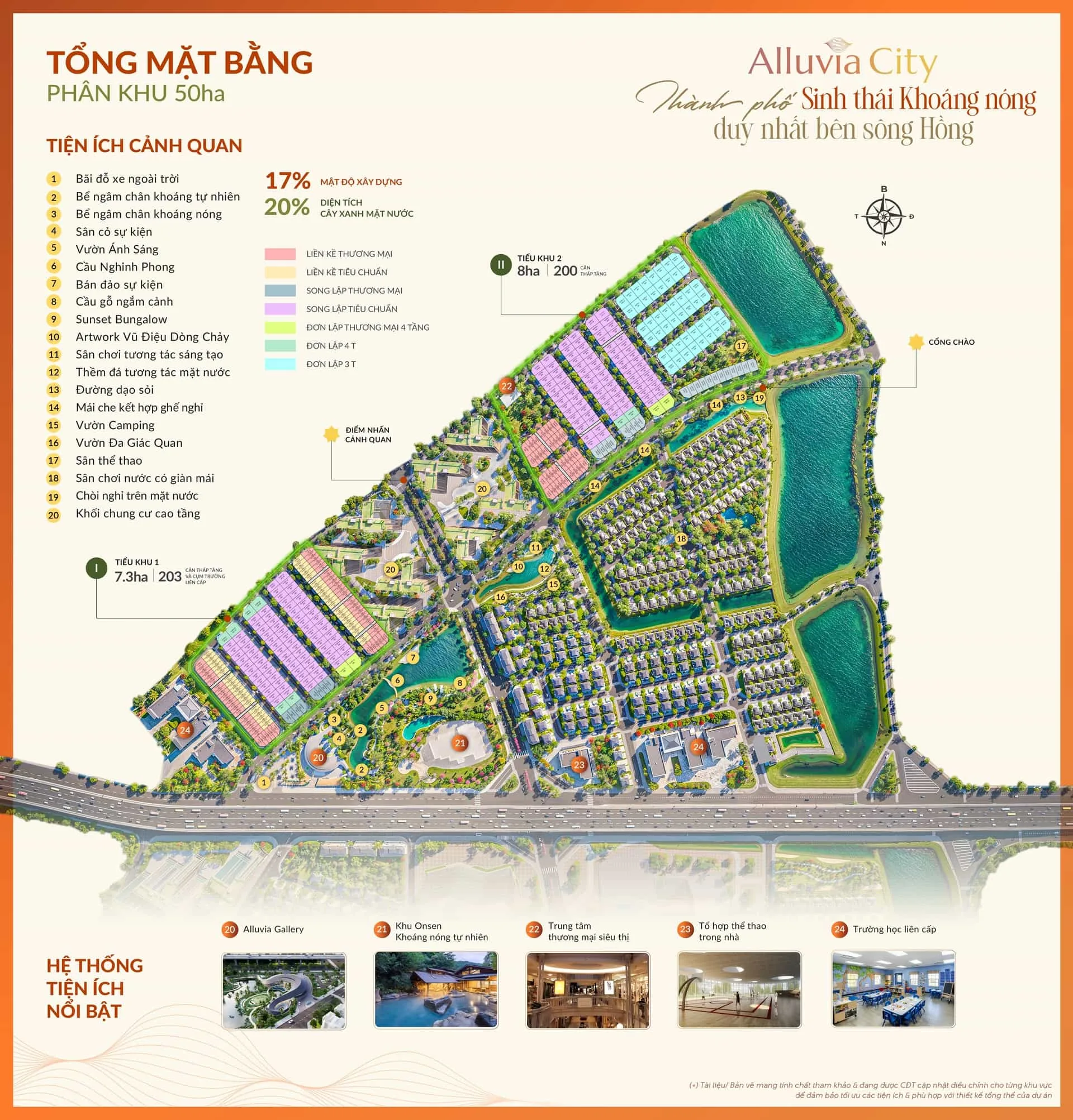 Quy hoạch chi tiết Giai đoạn 1 của Alluvia City – Văn Giang: tổng diện tích 50 ha với các phân khu biệt thự (BT), liền kề (LK), chung cư (CC), khu khoáng nóng Onsen cao cấp và trường học (TH). Dự kiến triển khai từ năm 2025 đến 2027. tong-mat-bang-du-an-alluvia-city-van-giang