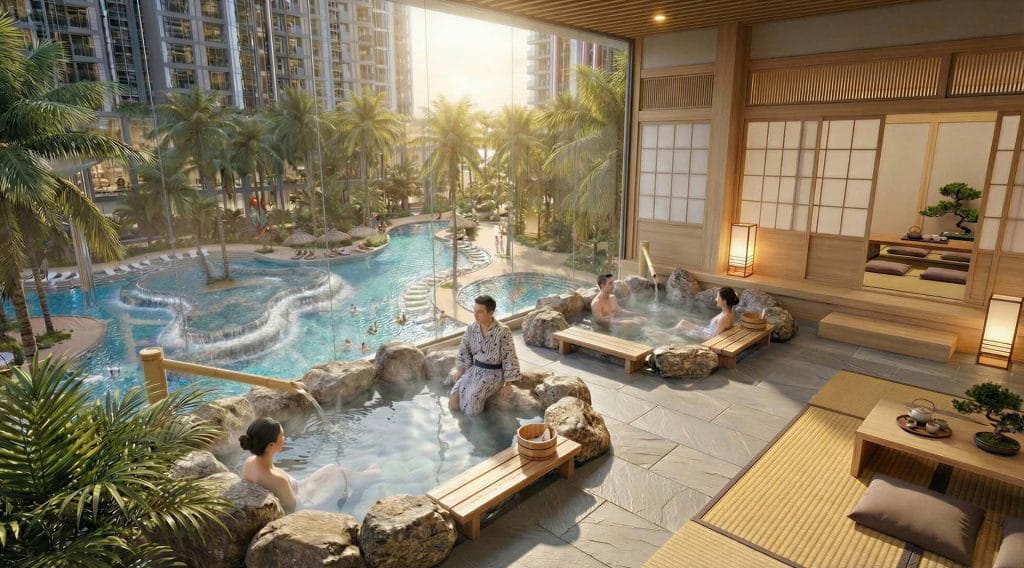 Chung cư Alumi | Căn hộ khoáng nóng cao cấp tại Alluvia City 12 Không gian onsen tĩnh tại, nơi làn nước khoáng ấm áp ôm trọn từng giác quan, tách biệt nhịp sống ồn ào bên ngoài. Giữa thiên nhiên xanh mát và kiến trúc tinh tế, Alumi mang đến trải nghiệm chăm sóc sức khỏe chuẩn nghỉ dưỡng, để mỗi ngày trôi qua đều là một khoảnh khắc thư giãn sâu, cân bằng thân – tâm – trí ngay tại chính nơi bạn sống.