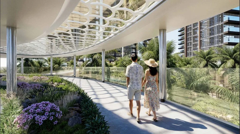 Lối dạo bộ trên cao tại căn hộ khoáng nóng Alumi Alluvia City hòa quyện kiến trúc hiện đại và cảnh quan xanh, kiến tạo trải nghiệm sống thư thái, chuẩn wellness giữa đô thị sinh thái.