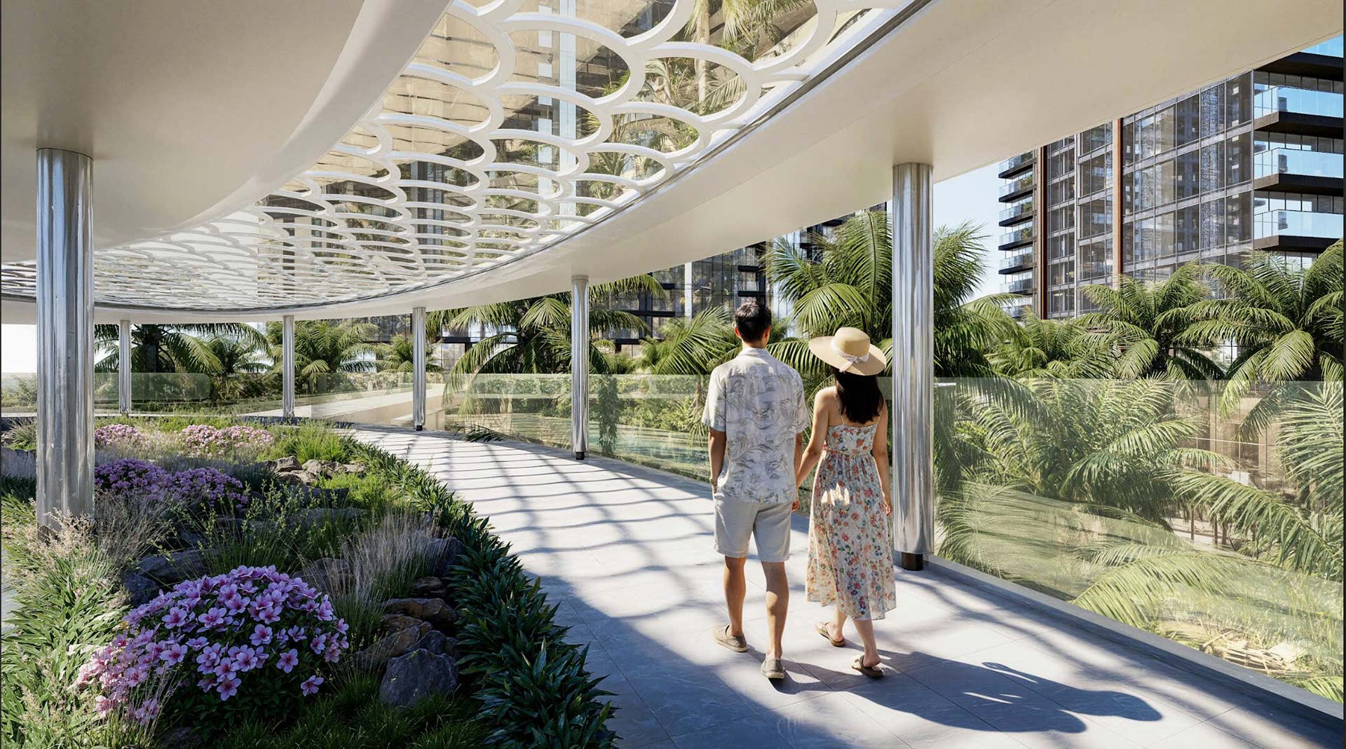 Lối dạo bộ trên cao tại căn hộ khoáng nóng Alumi Alluvia City hòa quyện kiến trúc hiện đại và cảnh quan xanh, kiến tạo trải nghiệm sống thư thái, chuẩn wellness giữa đô thị sinh thái.