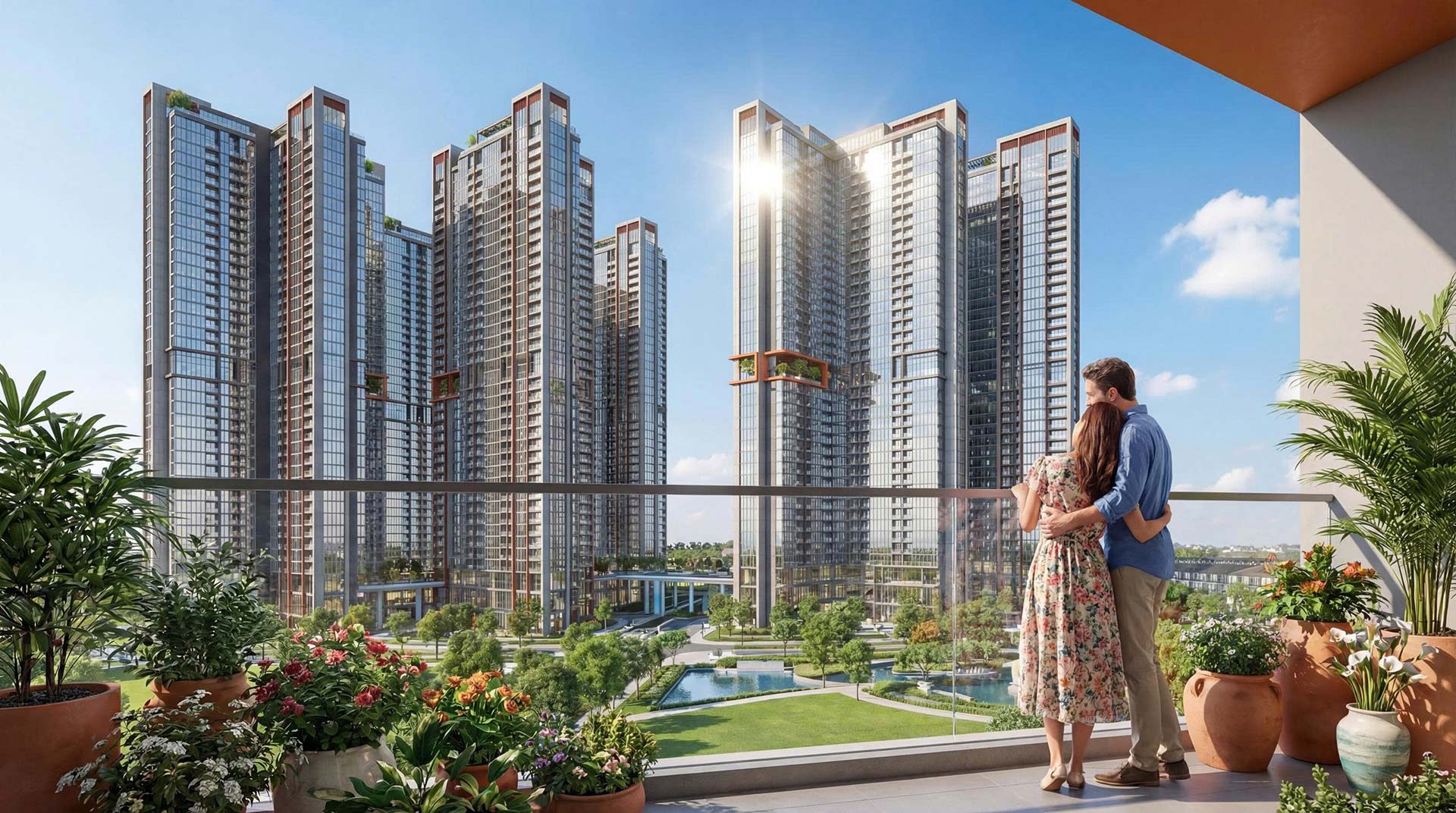 Không gian sống tại căn hộ khoáng nóng Alumi Alluvia City mở ra tầm nhìn công viên xanh và mặt nước nội khu