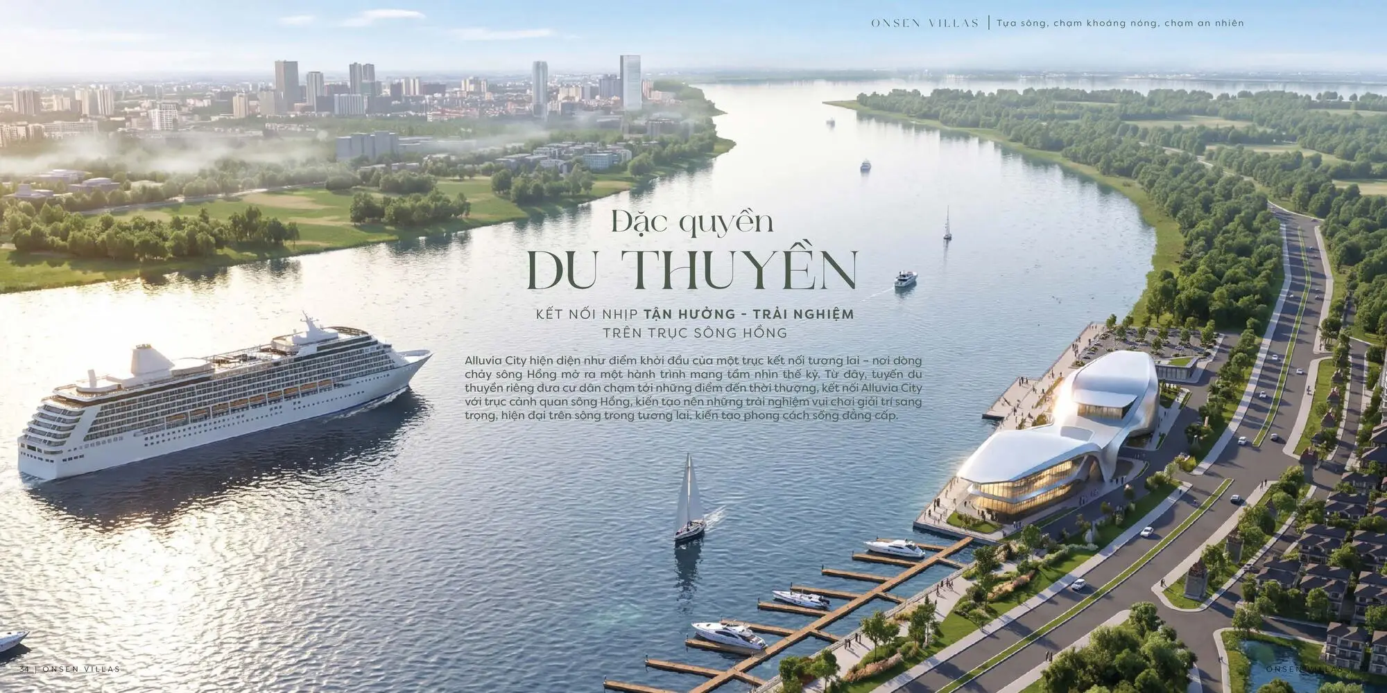 Alluvia City sở hữu đặc quyền du thuyền trên trục sông Hồng, mở ra trải nghiệm kết nối và tận hưởng khác biệt cho cư dân Onsen Villas trong không gian đô thị nghỉ dưỡng ven sông