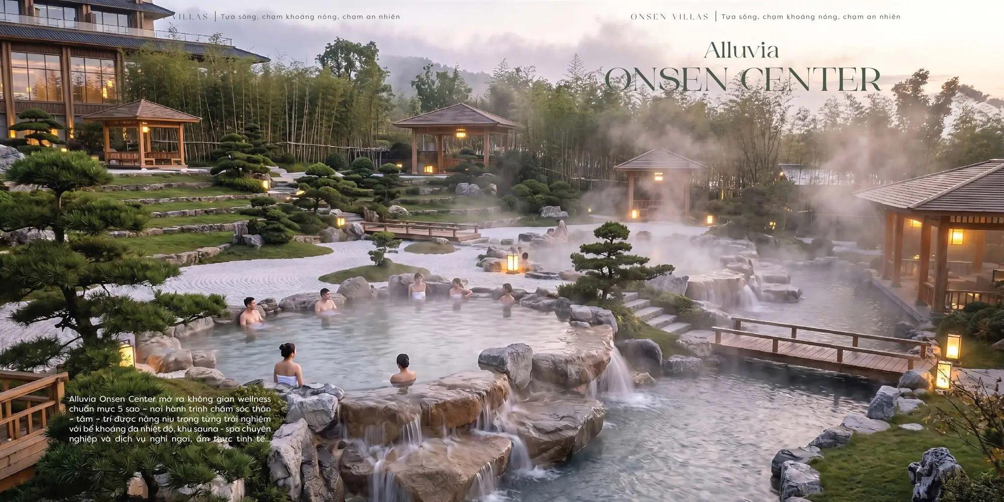 Alluvia Onsen Center là điểm nhấn wellness nổi bật tại Onsen Villas, mang đến trải nghiệm khoáng nóng, sauna, spa và nghỉ dưỡng chuẩn 5 sao ngay trong lòng Alluvia City