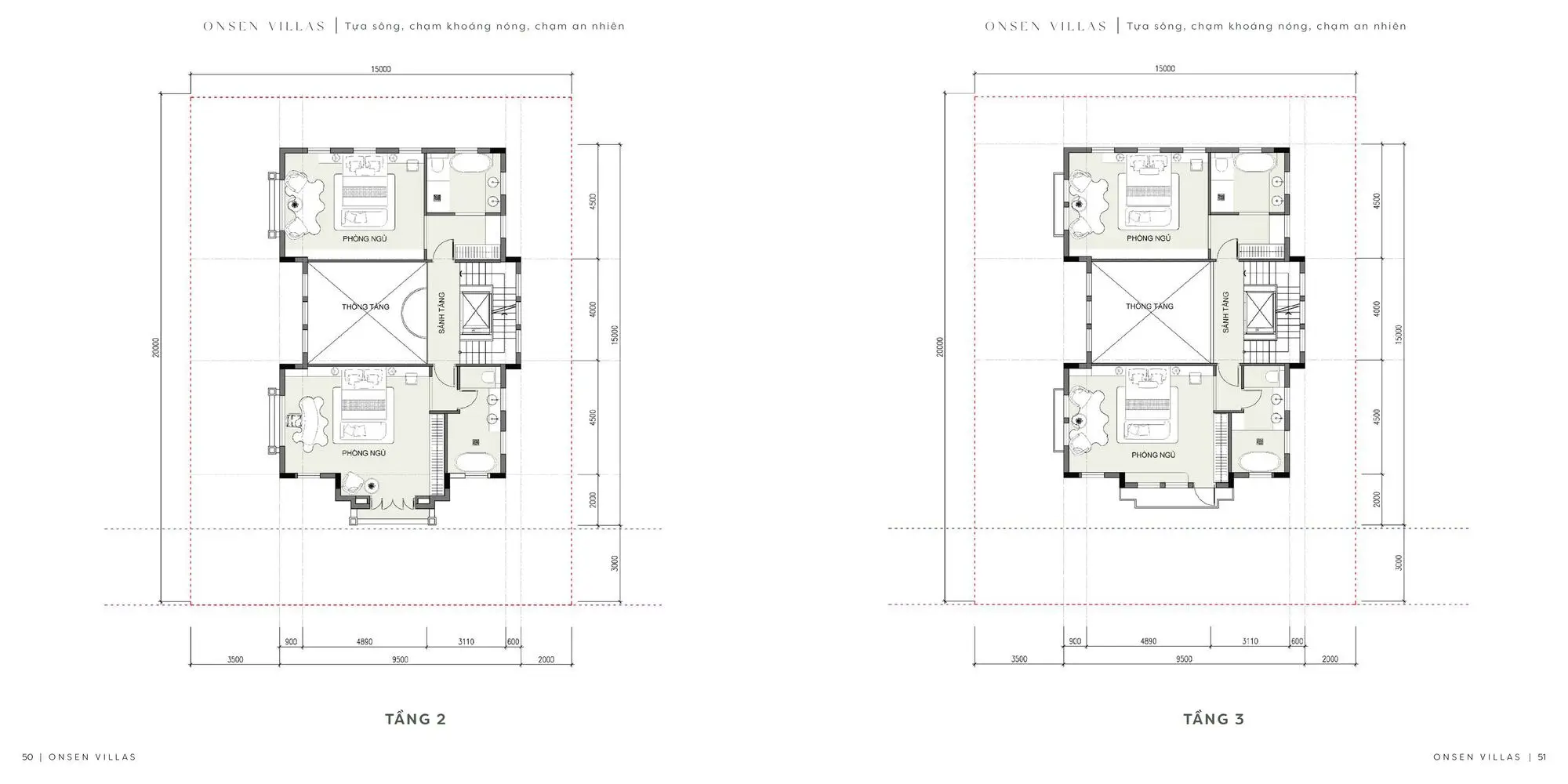Thiết kế tầng 2 và tầng 3 biệt thự Onsen Villas BT300 tại Alluvia City tập trung vào không gian nghỉ ngơi riêng tư, bố trí phòng ngủ khép kín, thông tầng và sảnh thang hợp lý, phù hợp chuẩn sống biệt thự nghỉ dưỡng cao cấp
